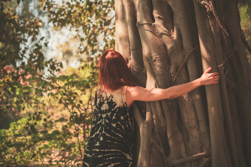 una donna che abbraccia un albero, in mezzo alla natura. Rappresenta il tema dell'articolo, la linfa, il sangue bianco che ci accomuna.