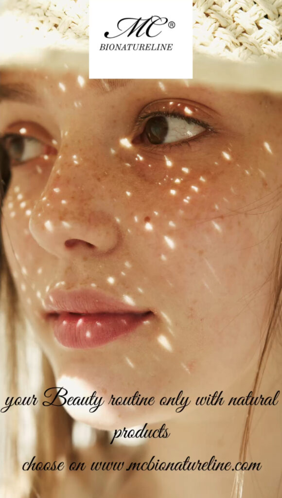 Viso di donna serena rappresentata in un'immagine pubblicitaria di mcbionatureline, azienda espositrice della fiera innovation beauty lab