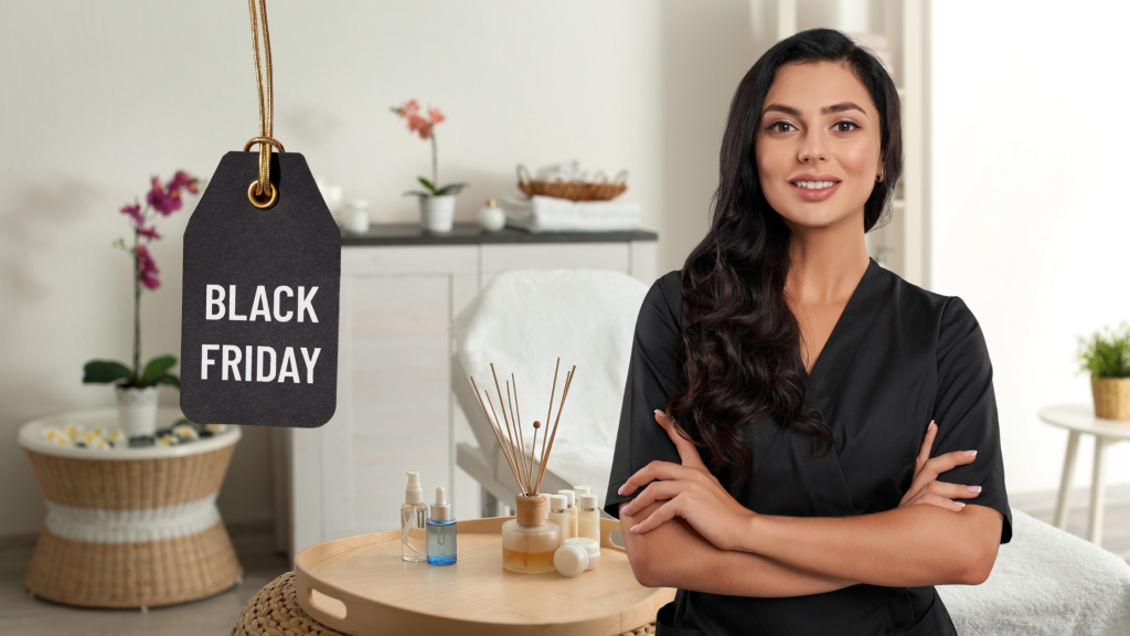 in foto un'estetista nel suo centro estetico che pensa al black friday 2025.