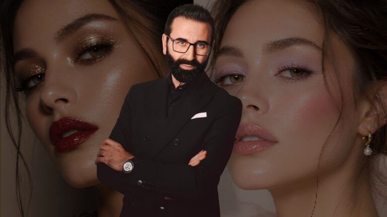 Il makeup artist roberto basilone in posa davanti a immagini in primo piano dei makeup look da lui creati